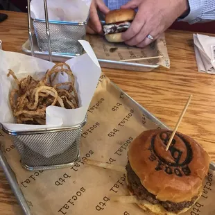 Burger and onion strings