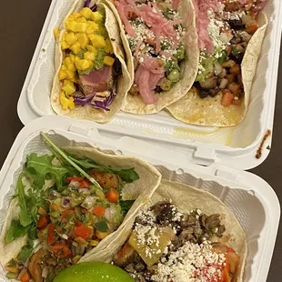 Pork Belly Taco, Ahi Tuna Taco, Shrimp Verde Taco, Carne Asada Taco