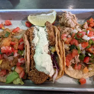 Fried avocado taco, fried mushroom taco, carnitas taco