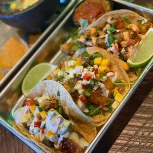 Left to right: Fish taco, shrimp taco, &amp; fried avocado