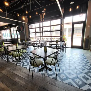 tables and chairs in a restaurant