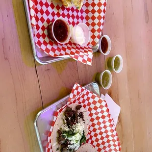 Blackened chicken taco, steak taco and chicken quesadilla