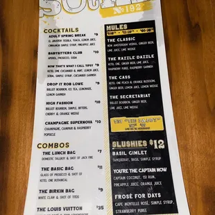 a menu for a cocktail at a bar