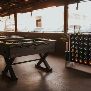 Free table games. Ping pong, 2 billiard tables, and foosball.