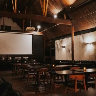 Projector screen included in rafter room event space