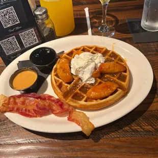 Elvis Waffle and pineapple mango mimosas. Peanut butter added a surprise delight!