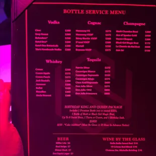 Bottle menu