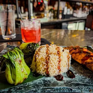 Bar area, miso salmon and Old Fashioned.