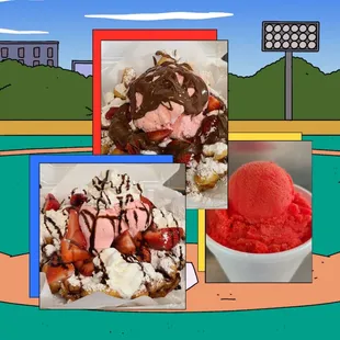 Funnel Cakes 
Non-Dairy Ice Cream 
Ice cream 
Mangonadas
Fried Oreos