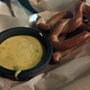 Queso with TWO pretzels!