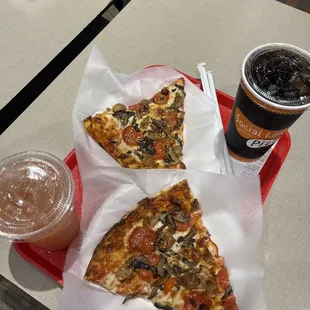 2x Pepperoni, sausage, and mushroom pizza Strawberry Lemonade Large Fountain Soda