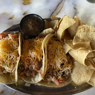 Chicken tacos. $3 each at Happy hour. Get at least one (or three) so perfect!