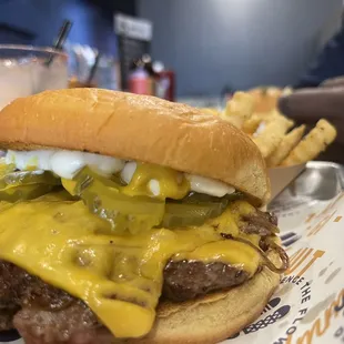 a cheeseburger and fries