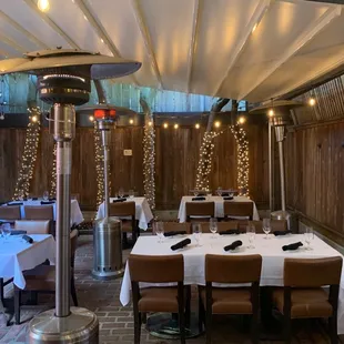 Outdoor dining space with plenty of space heaters