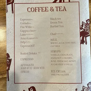 Coffee &amp; Tea Menu