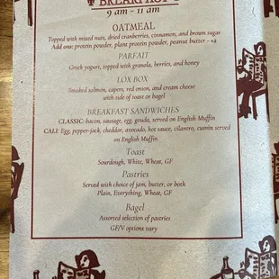 Breakfast menu
