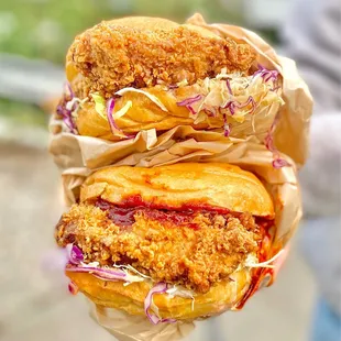 soy garlic chicken sandwich and asian hot chicken sandwich