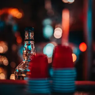 a bottle of liquor on a bar counter