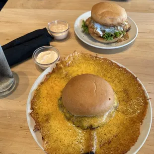 Cheese skirt burger and chicken sandwich