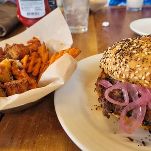 Everything burger with 50/50 (jalapeno tots and sweet potato fries)