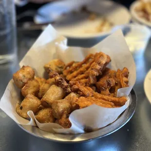 50/50 side: Jalapeño Cheddar Tots and Sweet Potato Fries