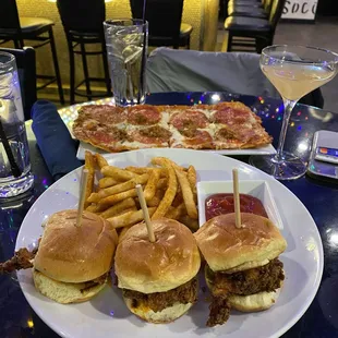 Spicy Chicken Slider Platter, Sausage Pepperoni Flatbread