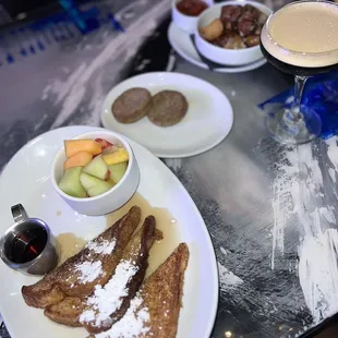 French toast, sausage and seasonal potatoes with an espresso martini