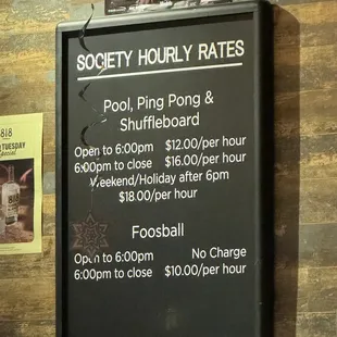 Rates for pool, ping pong, shuffleboard, foosball