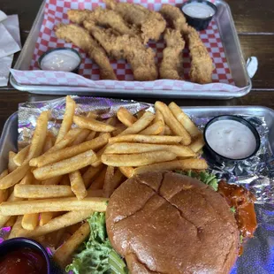Buffalo chicken sandwich with fries and 6 strips
