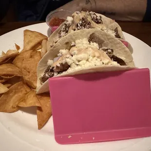 Brisket Tacos with house made tortilla chips