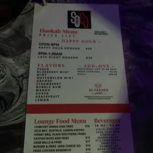 the menu for the restaurant