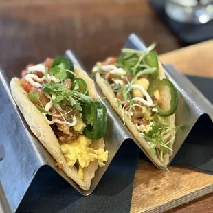 Breakfast tacos with biscuit taco shells