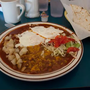 From a few years ago, Huevos Rancheros with red chile