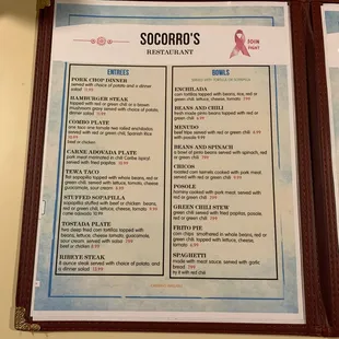 the menu and prices