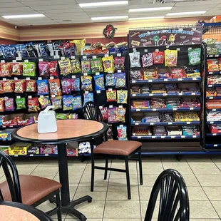 All kinds of snacks...no prices, though. The white stickers you see here are for inventory purposes.
