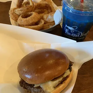 Shroom and Swiss Burger with onion rings