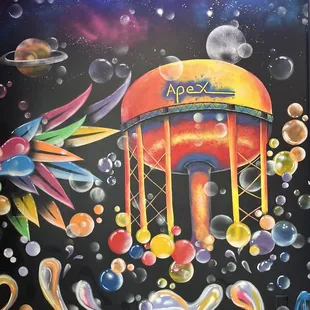 a colorful painting of a water tower