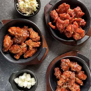 Yang Nyeom Chicken, Gang Jung Chicken, BBQ Hot Chicken, cole slaw, pickle radish (IG: hangryforwhat)