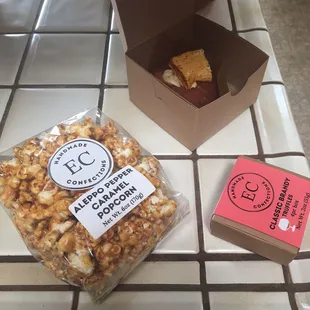 Aleppo Pepper Caramel Corn and brandy truffles from EC Confections, burnt caramel donut from SoDo Donuts