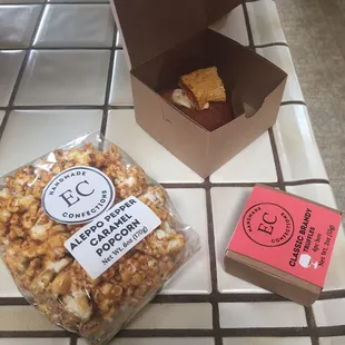 Aleppo Pepper Caramel Corn and brandy truffles from EC Confections, burnt caramel donut from SoDo Donuts