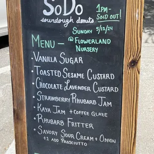 Menu at the SoDo Donuts pop-up at Flowerland in Albany.