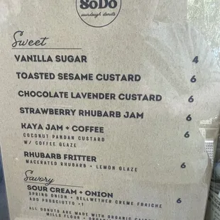 Menu at the SoDo Donuts pop-up at Flowerland in Albany.