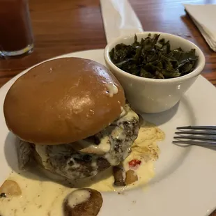 Brie burger with a salad of slammin&apos; collards.