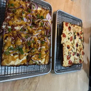 Buffalo chicken pizza and a margarita pizza (minus the red sauce didn&apos;t come with it for some reason on the premade menu kinda strange)