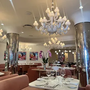 Inside the restaurant. Beautiful Murano crystal chandeliers