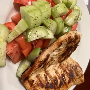 grilled chicken, cucumber and tomato salad