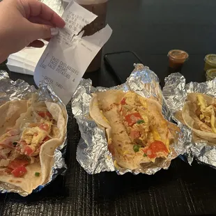 3 Breakfast tacos  (Chilaquiles, Migas, &amp; Potato and Egg).  All very bland and not what I expected.