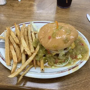 Cheeseburger smothered with green Chile.