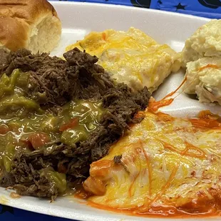 This is from a private party catered by Sofia's. Brisket, green red casserole, potatoe salad and some of the best beans you'll ever have.