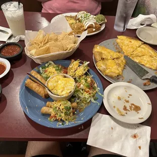 Piña colada, tortilla chips/salsa, Flautas, mini tacos, chimichanga, tostadas